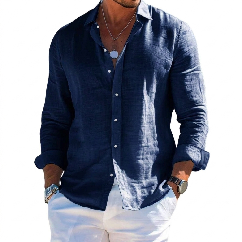 Men's Solid-Colored Lapel Beach Long-Sleeve Shirt