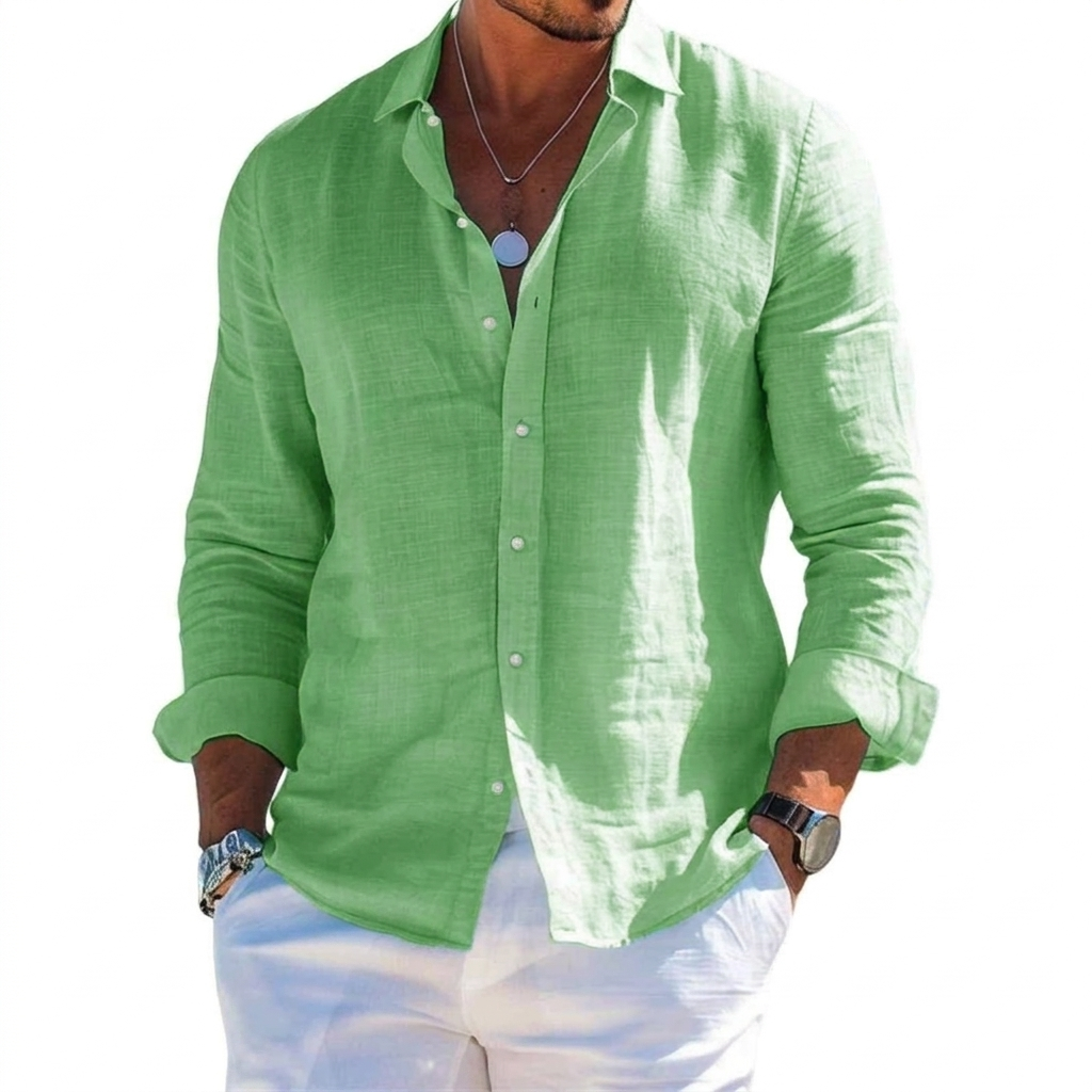 Men's Solid-Colored Lapel Beach Long-Sleeve Shirt