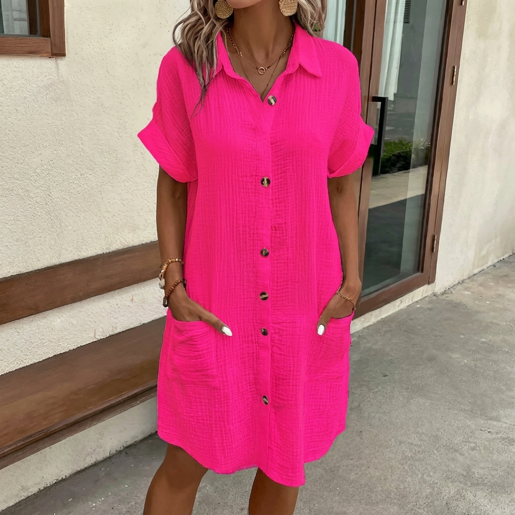 Summer Simplicity V-neck Buttons Cotton Linen Women's Shirt Dress