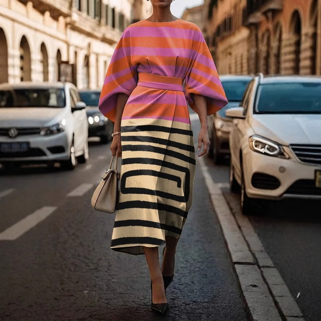 Women's Elegant Loose Sleeve Dress with Waist Detail