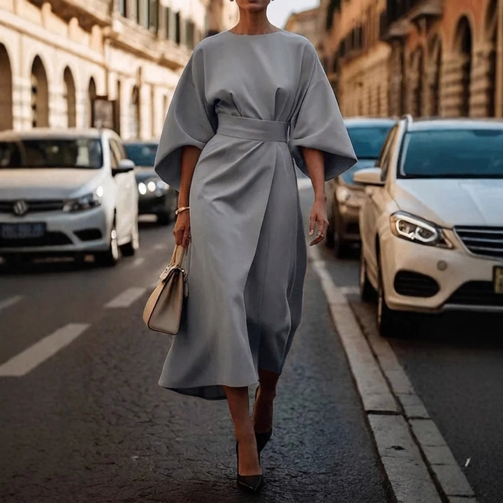 Women's Elegant Loose Sleeve Dress with Waist Detail