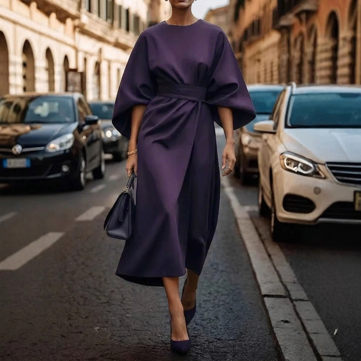 Women's Elegant Loose Sleeve Dress with Waist Detail