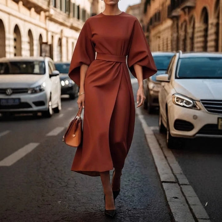 Women's Elegant Loose Sleeve Dress with Waist Detail