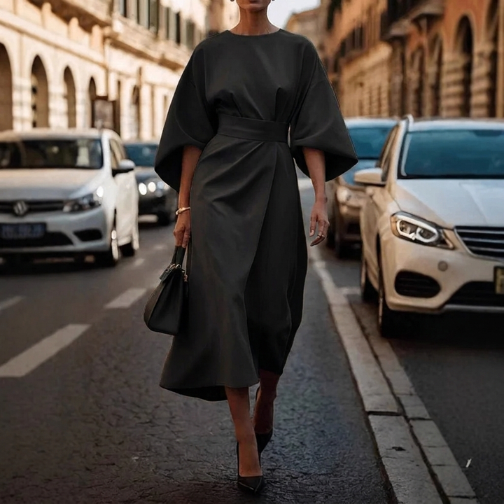 Women's Elegant Loose Sleeve Dress with Waist Detail