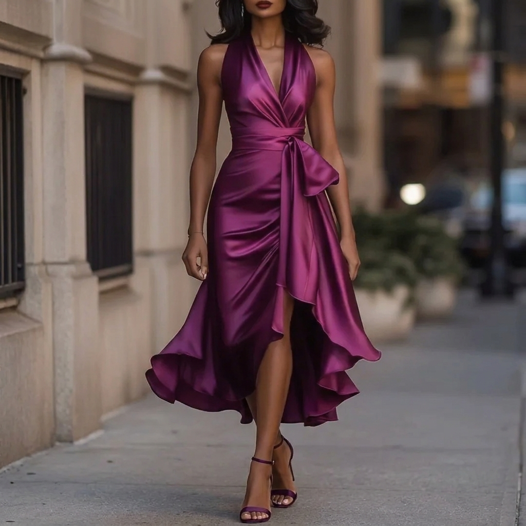 Women's Elegant Deep V-Neck Ruffle Evening Dress