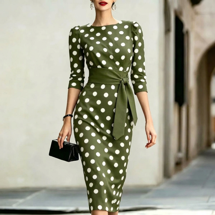 Classic Polka Dot Belted Bodycon Midi Dress