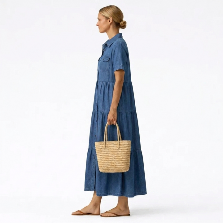 Denim-Print Midi Dress – Relaxed Cut with Front Button Placket