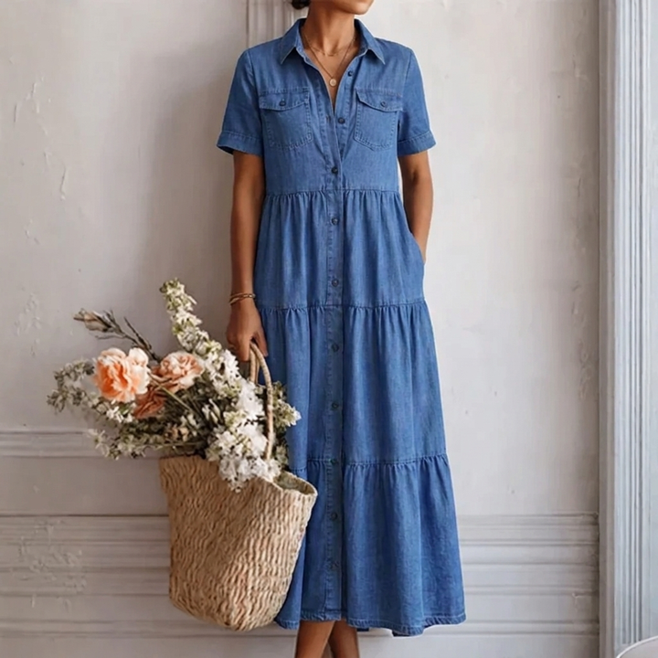 Denim-Print Midi Dress – Relaxed Cut with Front Button Placket