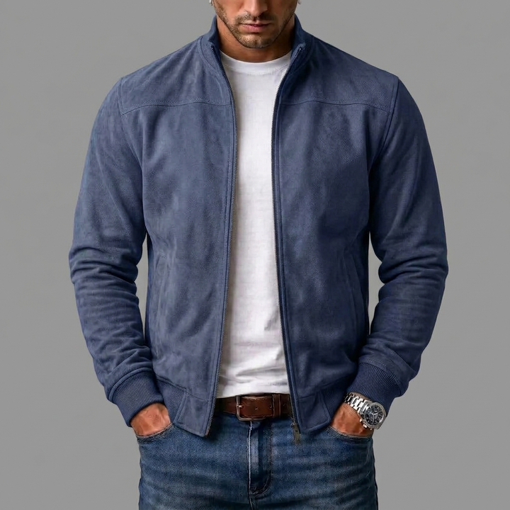Men's Faux Suede Bomber Jacket with Stand Collar and Full-Length Zip