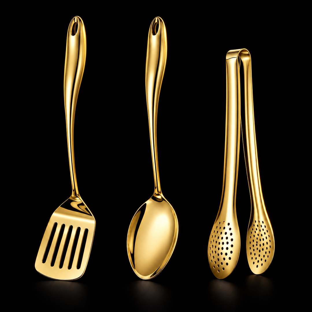 Stainless steel kitchen utensil set with curved handles, 3 to 11 pieces