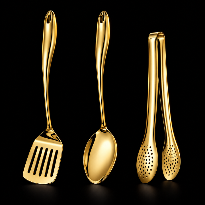 Stainless steel kitchen utensil set with curved handles, 3 to 11 pieces