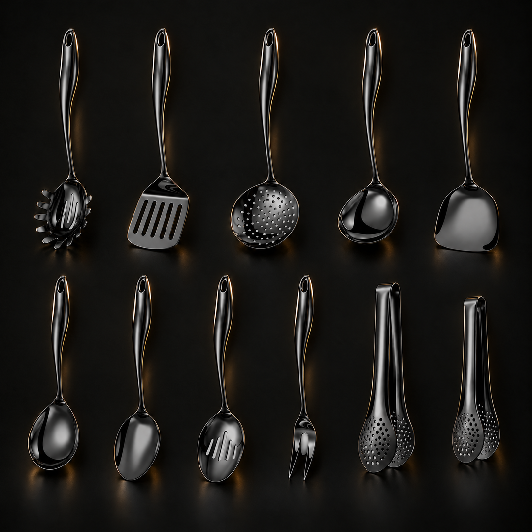 Stainless steel kitchen utensil set with curved handles, 3 to 11 pieces