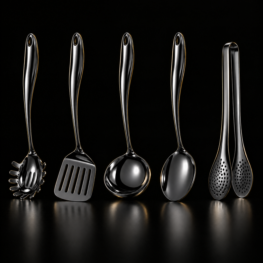 Stainless steel kitchen utensil set with curved handles, 3 to 11 pieces