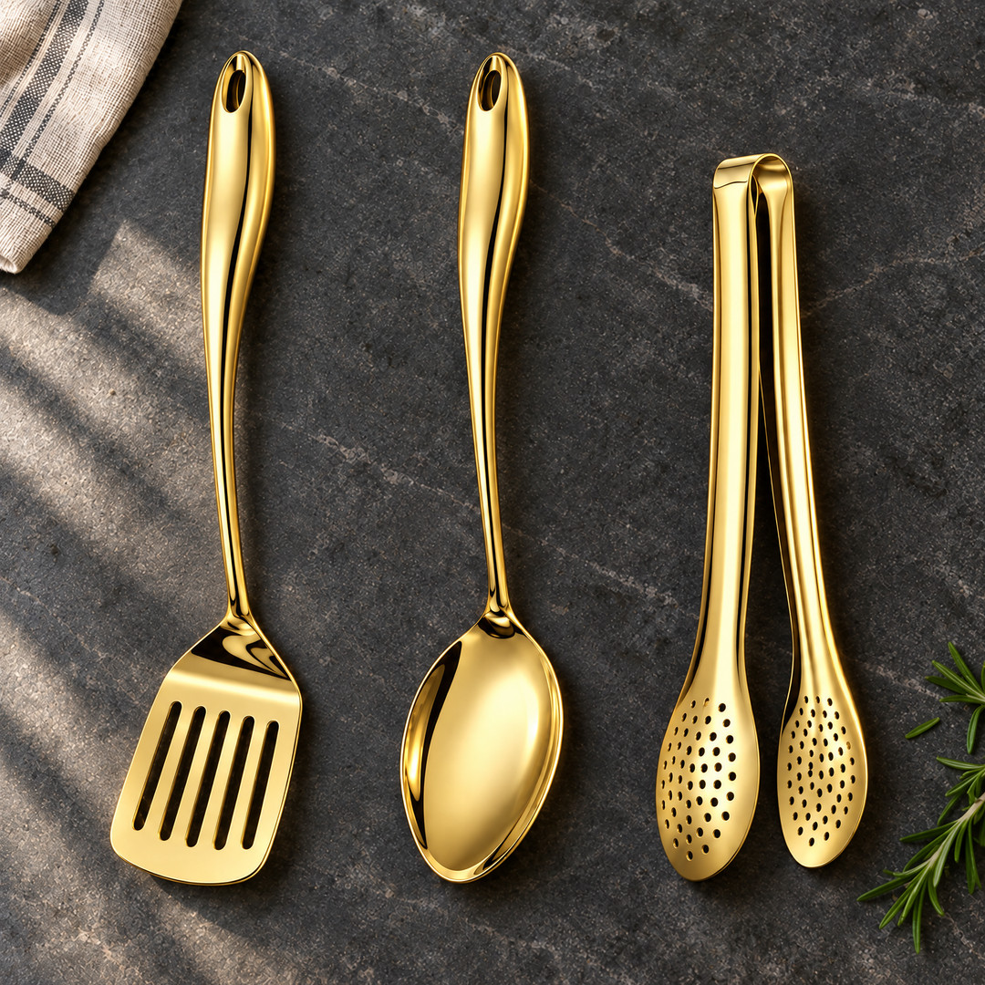 Stainless steel kitchen utensil set with curved handles, 3 to 11 pieces
