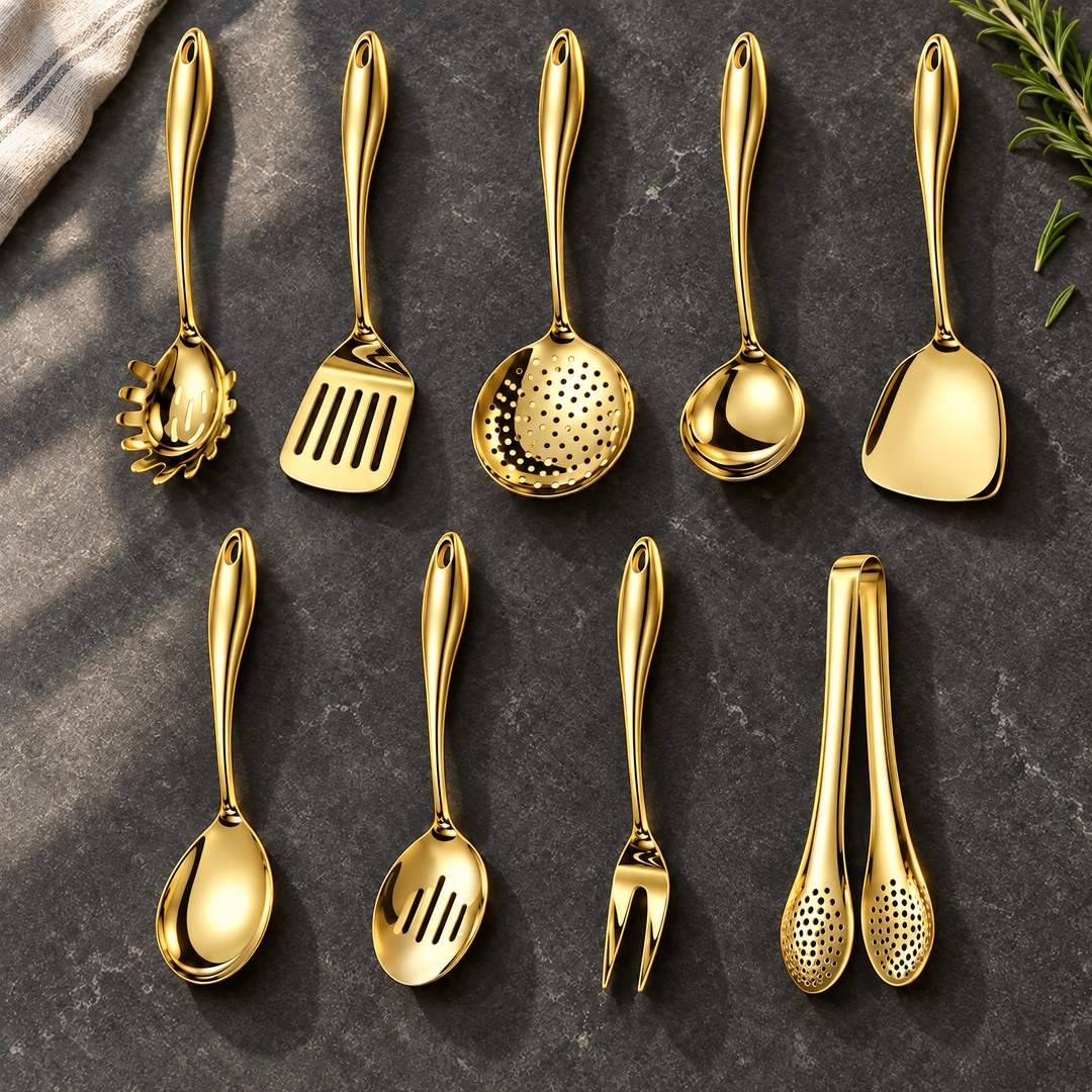Stainless steel kitchen utensil set with curved handles, 3 to 11 pieces