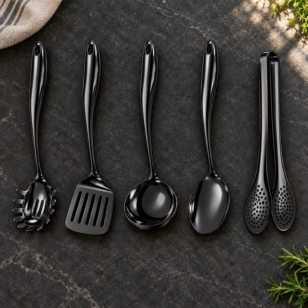 Stainless steel kitchen utensil set with curved handles, 3 to 11 pieces
