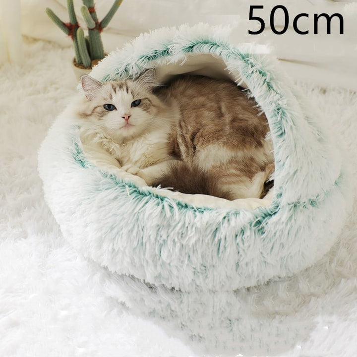 Hooded Cat Bed with Cave Design and Plush Donut Shape Enclosed Cozy Pet with Cushioned Rim