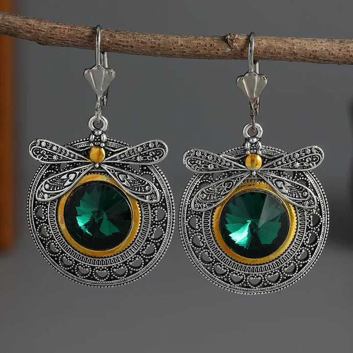 Vintage Green Cubic Zirconia Dragonfly Earrings