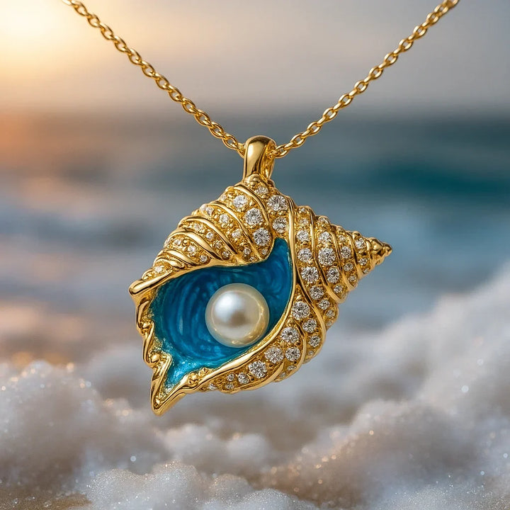 Gold necklace with radiant pearl and shell design