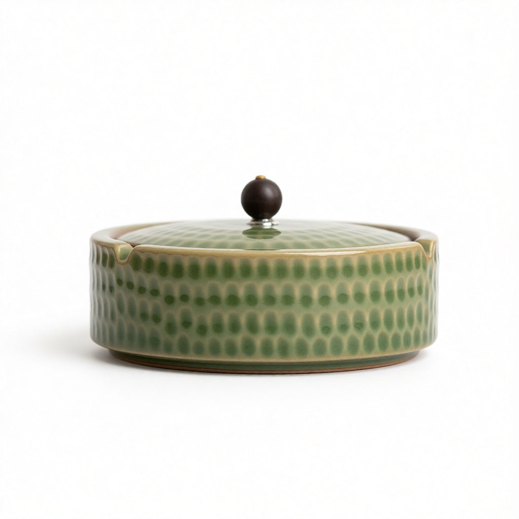 Handmade Ceramic Ashtray with Wooden Lid, 12.5 cm