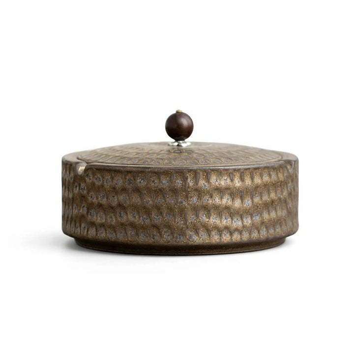 Handmade Ceramic Ashtray with Wooden Lid, 12.5 cm