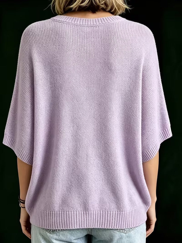 Casual Knit Top with Short Batwing Sleeves and Round Neckline