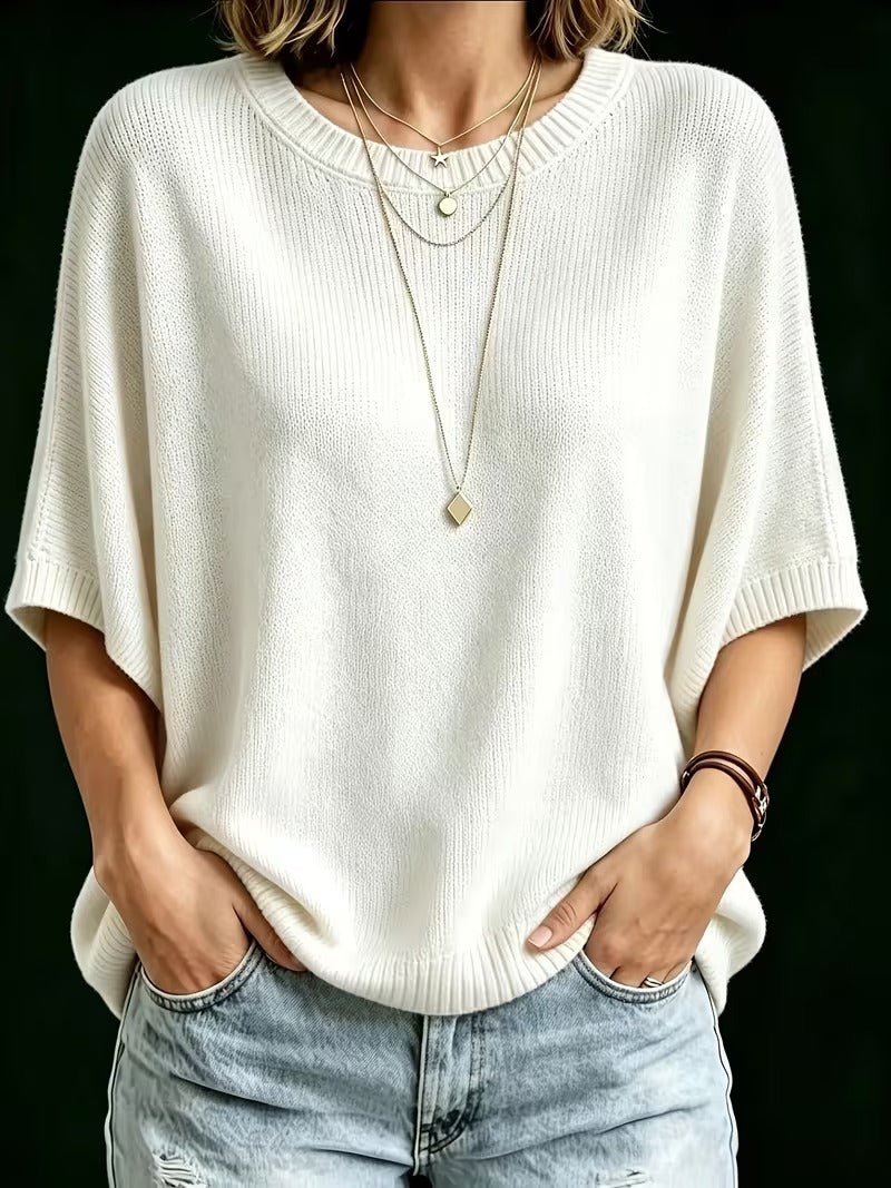 Casual Knit Top with Short Batwing Sleeves and Round Neckline