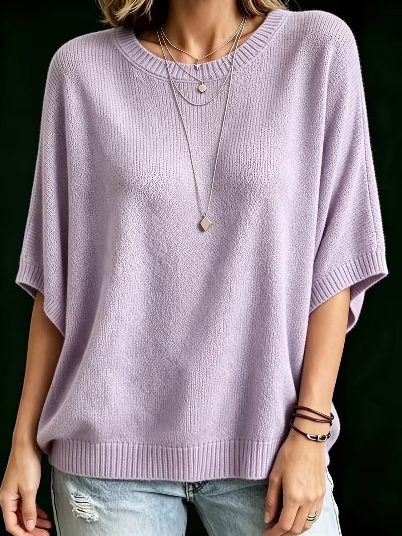 Casual Knit Top with Short Batwing Sleeves and Round Neckline