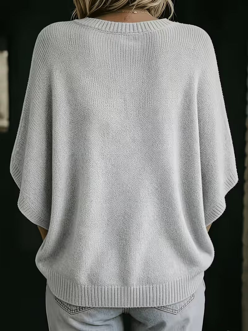Casual Knit Top with Short Batwing Sleeves and Round Neckline