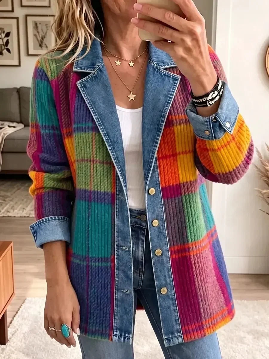 Vintage-Style Patchwork Check Jacket with Denim Trim