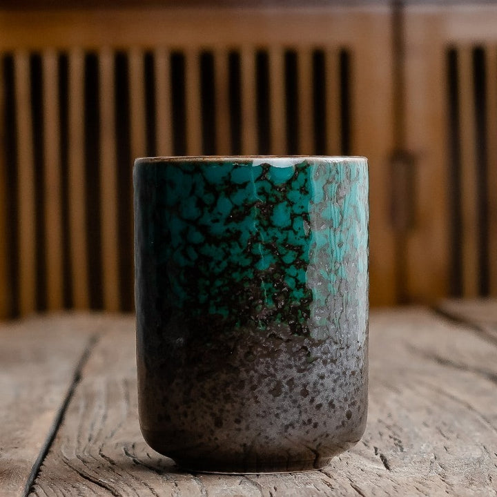 Japanese Ceramic Tea Cup with Crackle Glaze and Tapered Base Handleless Design And Saucers