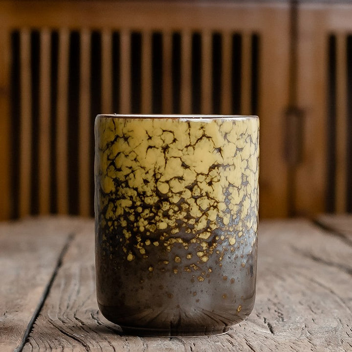 Japanese Ceramic Tea Cup with Crackle Glaze and Tapered Base Handleless Design And Saucers