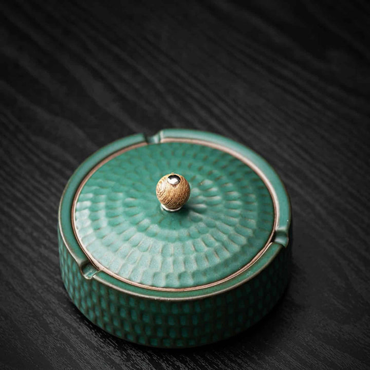Handmade Ceramic Ashtray with Wooden Lid, 12.5 cm