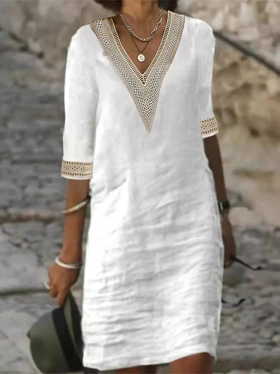 Women's Casual Dress Linen Blend V-Neck Lace Trim
