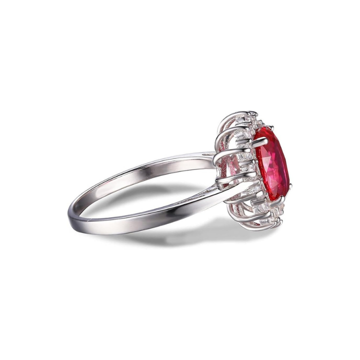 Elegant white gold ring with ruby halo