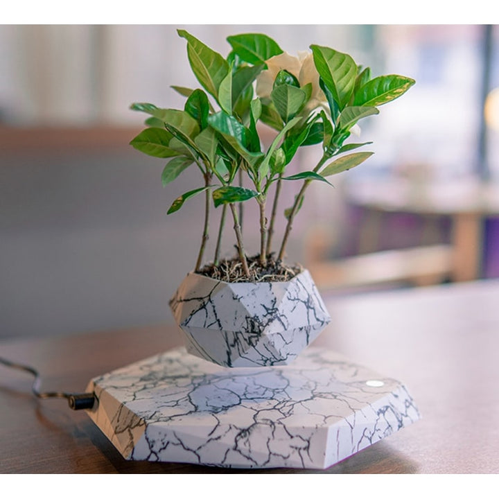 Levitating Plant Pot with Floating Marble Base and 360-Degree Rotation for Indoor Ceramic