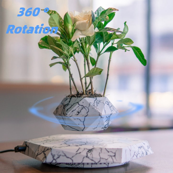 Levitating Plant Pot with Floating Marble Base and 360-Degree Rotation for Indoor Ceramic