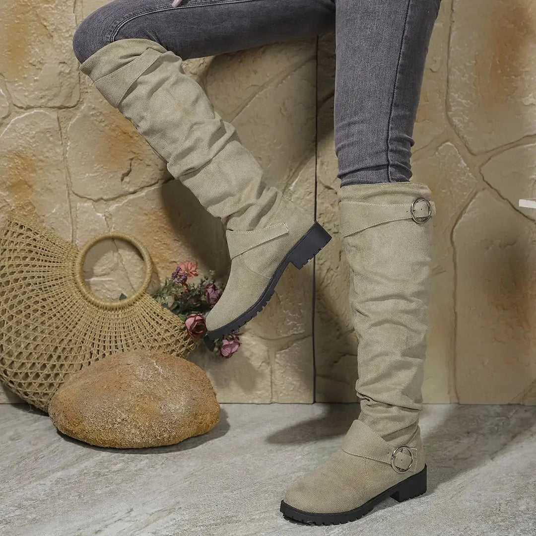 Slouchy Knee-High Boots with Buckle Detail