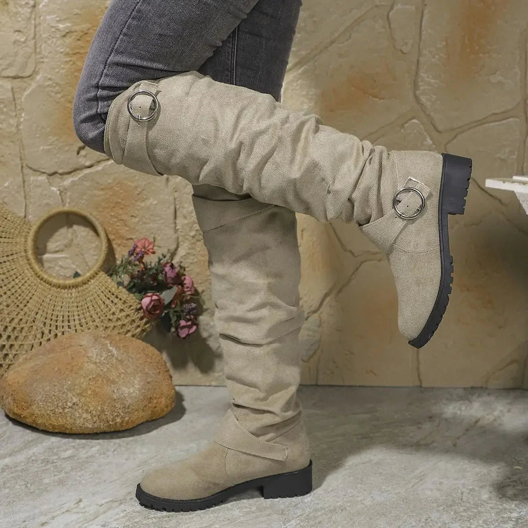 Slouchy Knee-High Boots with Buckle Detail