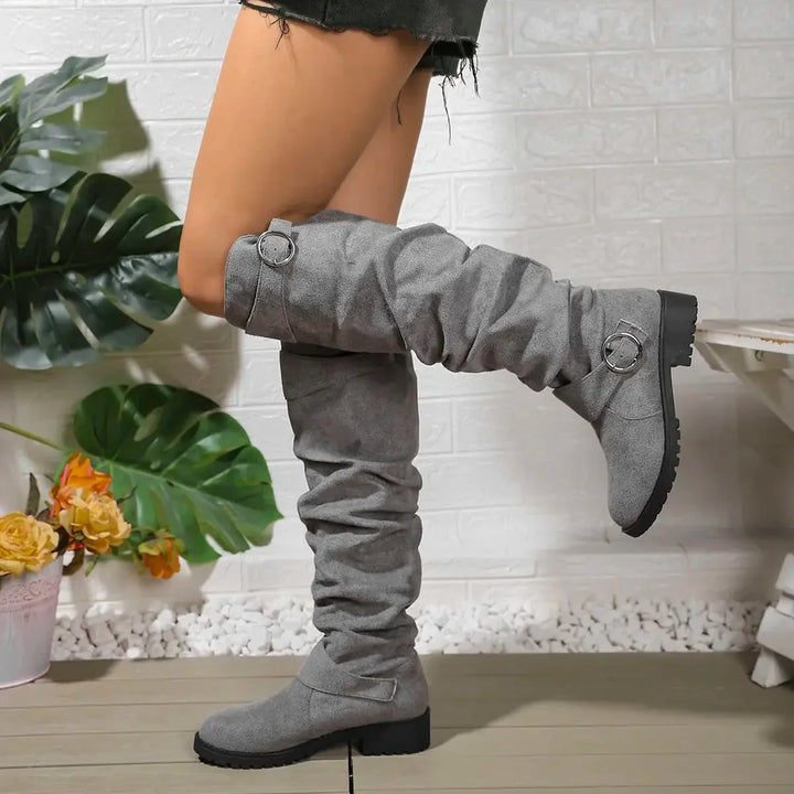 Slouchy Knee-High Boots with Buckle Detail