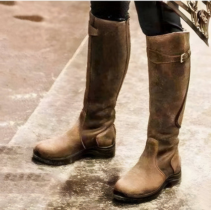 Leather Knee High Riding Boots with Buckle Strap for Women