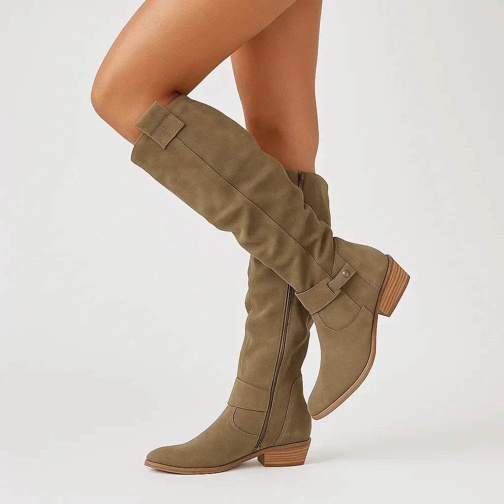 Knee-High Suede Boots With Block Heel
