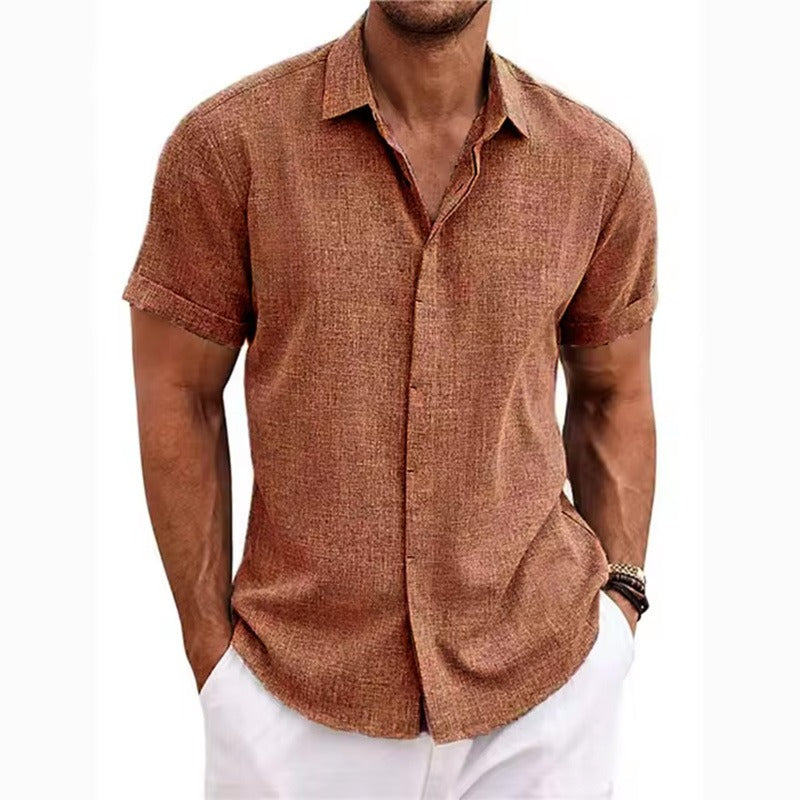 Men's Short-Sleeve Linen Shirt with Textured Surface