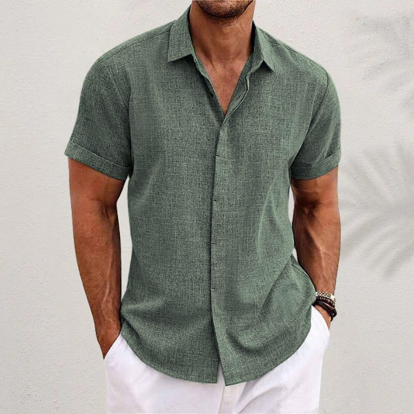 Men's Short-Sleeve Linen Shirt with Textured Surface