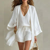 Madison | Linen 3 Piece Set V-Neck Top Drawstring Shorts Kimono