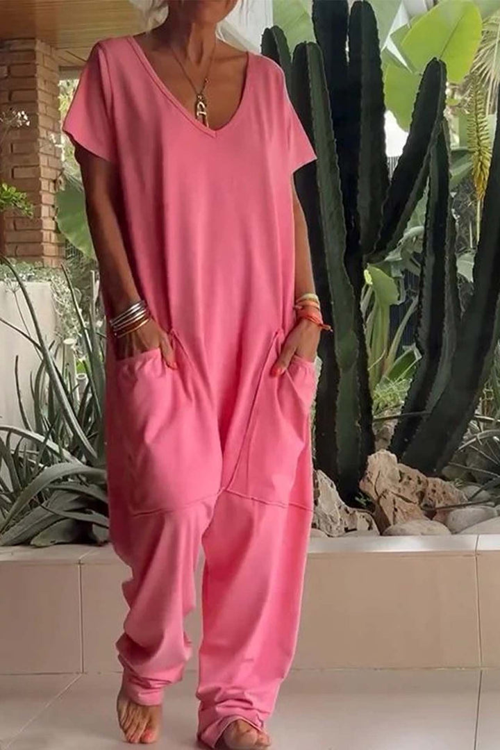 Layla | Linen Blend Jumpsuit V-Neck Short Sleeve Wide Leg Pockets