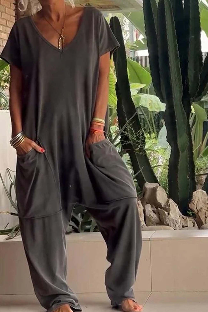Layla | Linen Blend Jumpsuit V-Neck Short Sleeve Wide Leg Pockets