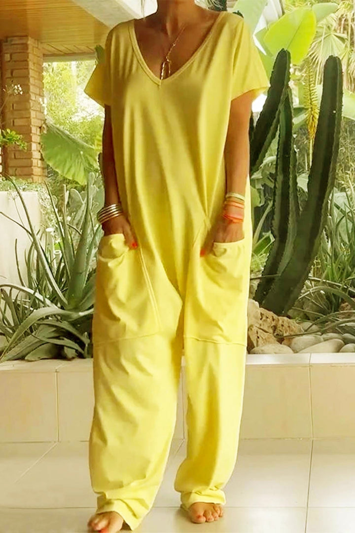 Layla | Linen Blend Jumpsuit V-Neck Short Sleeve Wide Leg Pockets