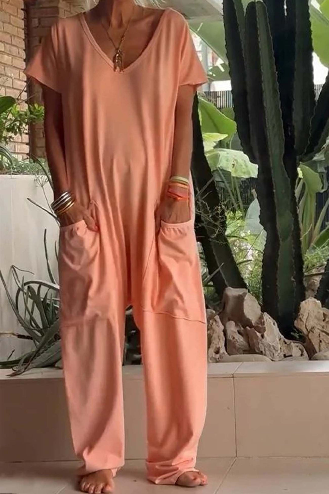 Layla | Linen Blend Jumpsuit V-Neck Short Sleeve Wide Leg Pockets