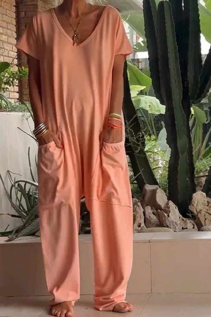 Layla | Linen Blend Jumpsuit V-Neck Short Sleeve Wide Leg Pockets